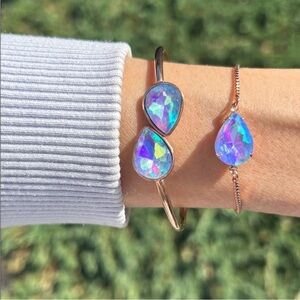 Light Sapphire Aurora Borealis +Rose Gold Pear Crystal Adjustable Boho Bracelet